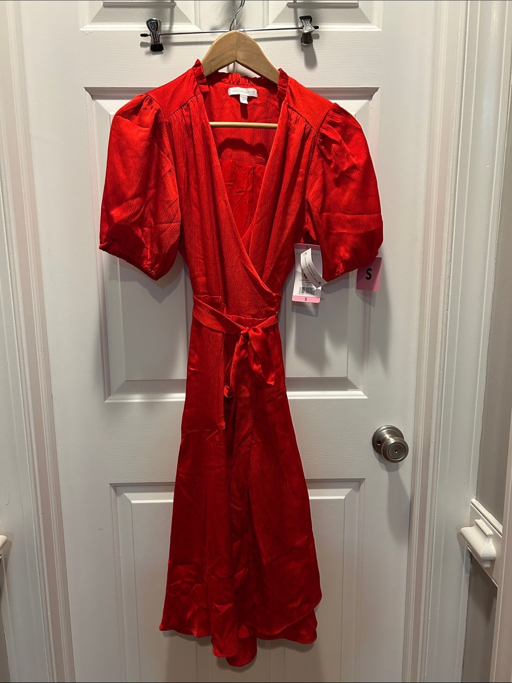 Draper James Bright Red Wrap Midi Dress with Tie Waist - Picture 2 of 4